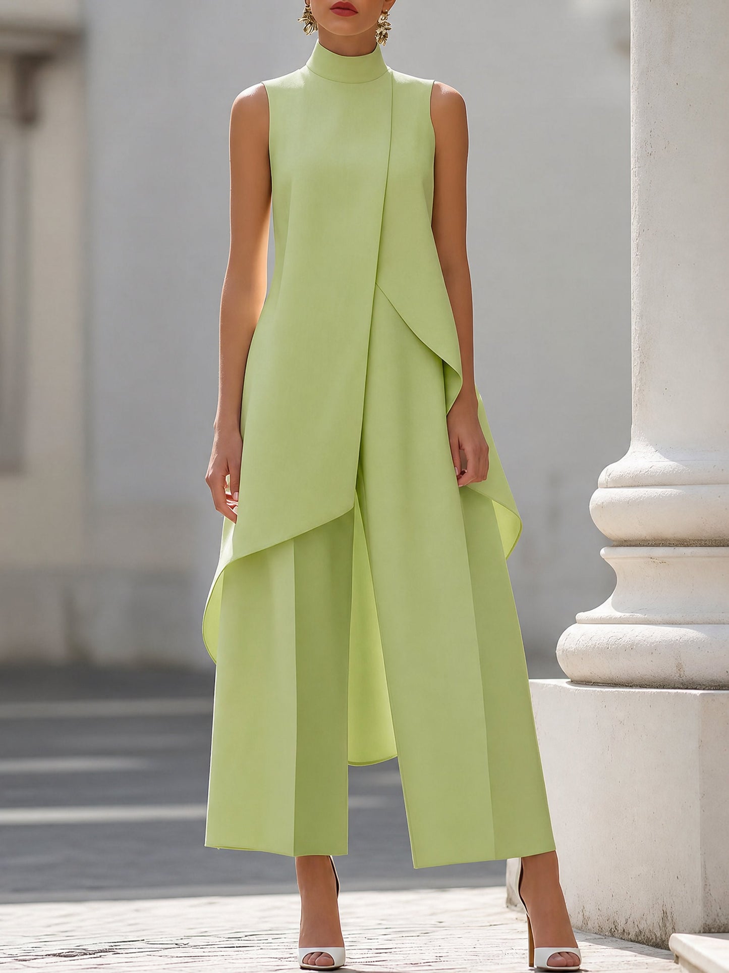 Elegant Wide Leg Set for Women with High Neck Sleeveless Asymmetric Draped Two Piece Style
