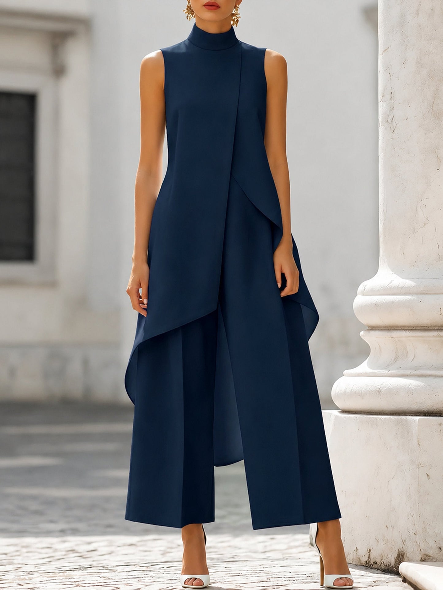 Elegant Wide Leg Set for Women with High Neck Sleeveless Asymmetric Draped Two Piece Style