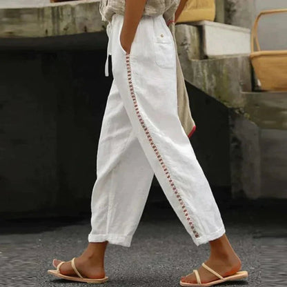 Effortless Linen Pants for Women with High Waist Drawstring Tapered Crochet Trim Casual Style