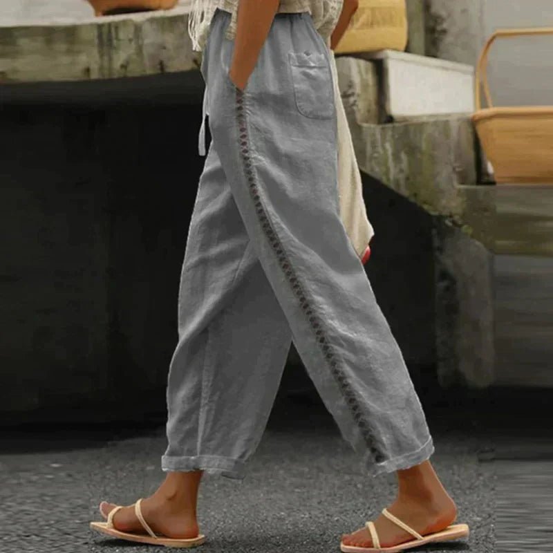 Effortless Linen Pants for Women with High Waist Drawstring Tapered Crochet Trim Casual Style