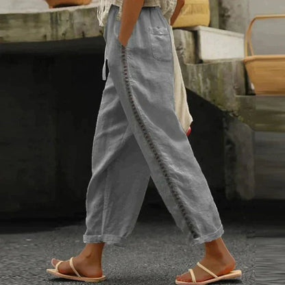 Effortless Linen Pants for Women with High Waist Drawstring Tapered Crochet Trim Casual Style