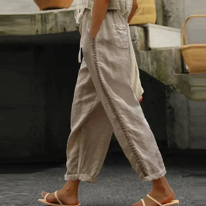 Effortless Linen Pants for Women with High Waist Drawstring Tapered Crochet Trim Casual Style