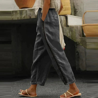 Effortless Linen Pants for Women with High Waist Drawstring Tapered Crochet Trim Casual Style