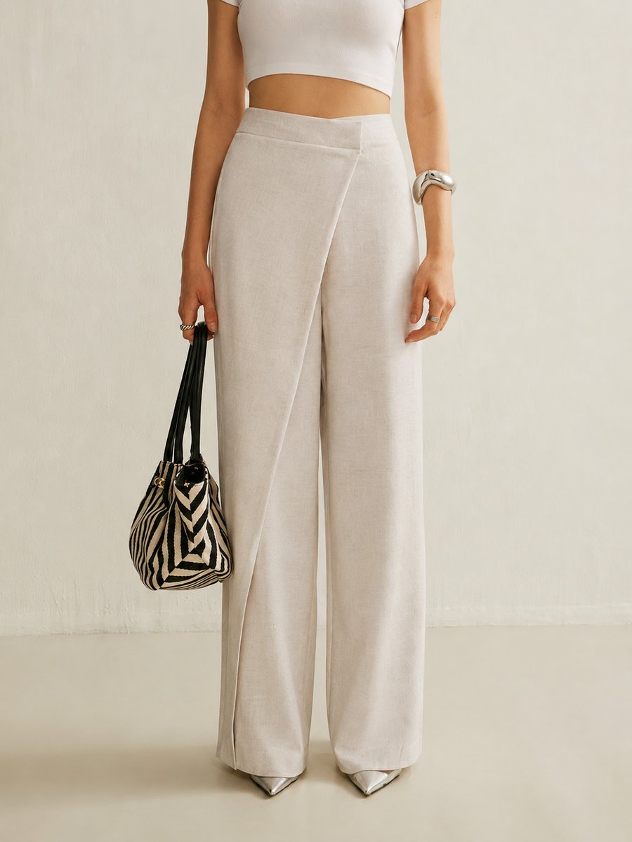 Effortless Wide Leg Pants for Women with High Waist Asymmetrical Wrap Front Flowing Style