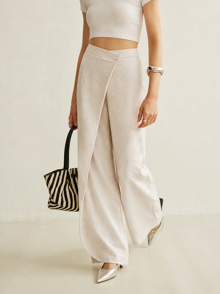 Effortless Wide Leg Pants for Women with High Waist Asymmetrical Wrap Front Flowing Style