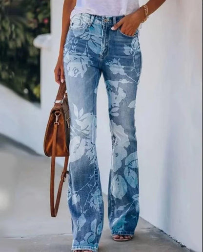 Effortless Floral Jeans for Women with High Waist Straight Leg Printed Casual Style