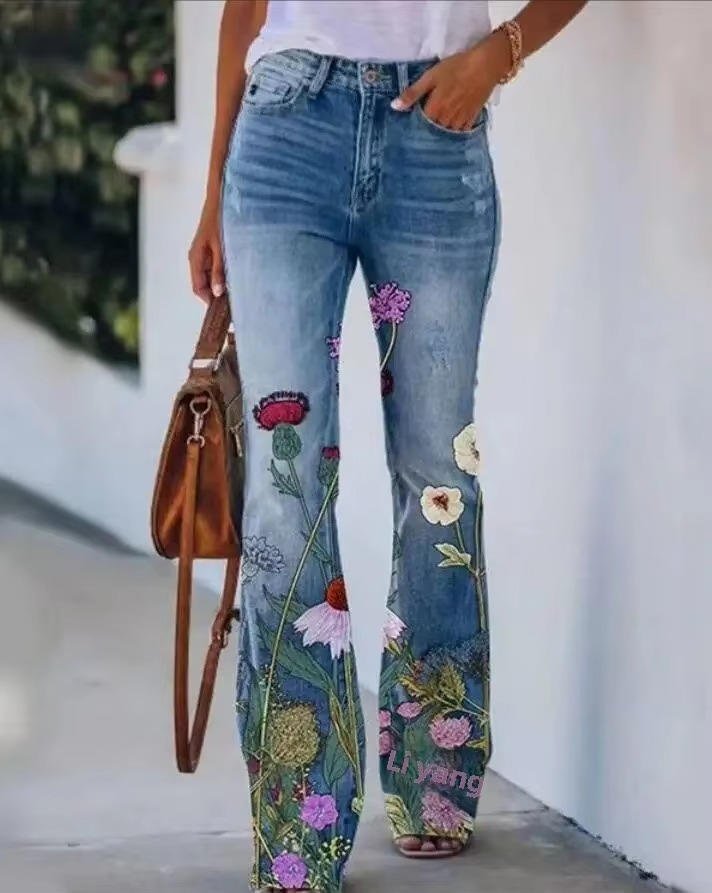 Effortless Floral Jeans for Women with High Waist Straight Leg Printed Casual Style