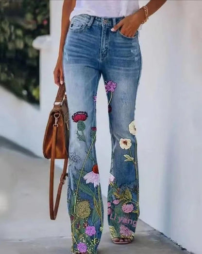 Effortless Floral Jeans for Women with High Waist Straight Leg Printed Casual Style