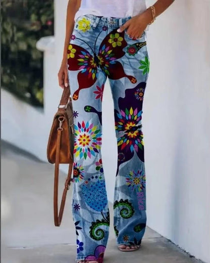 Effortless Floral Jeans for Women with High Waist Straight Leg Printed Casual Style