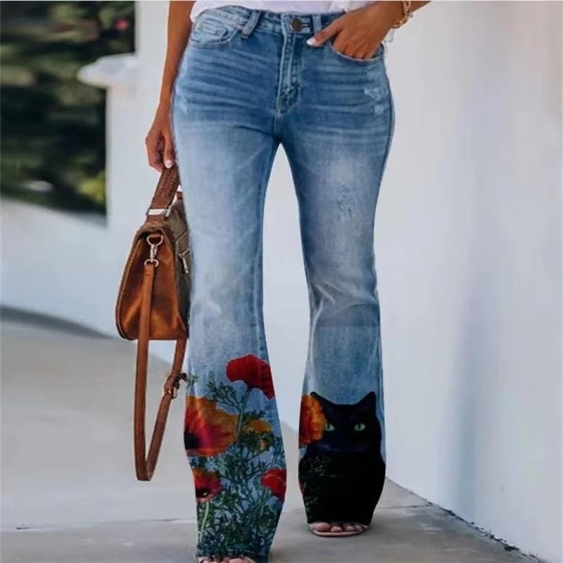 Effortless Floral Jeans for Women with High Waist Straight Leg Printed Casual Style