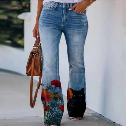 Effortless Floral Jeans for Women with High Waist Straight Leg Printed Casual Style