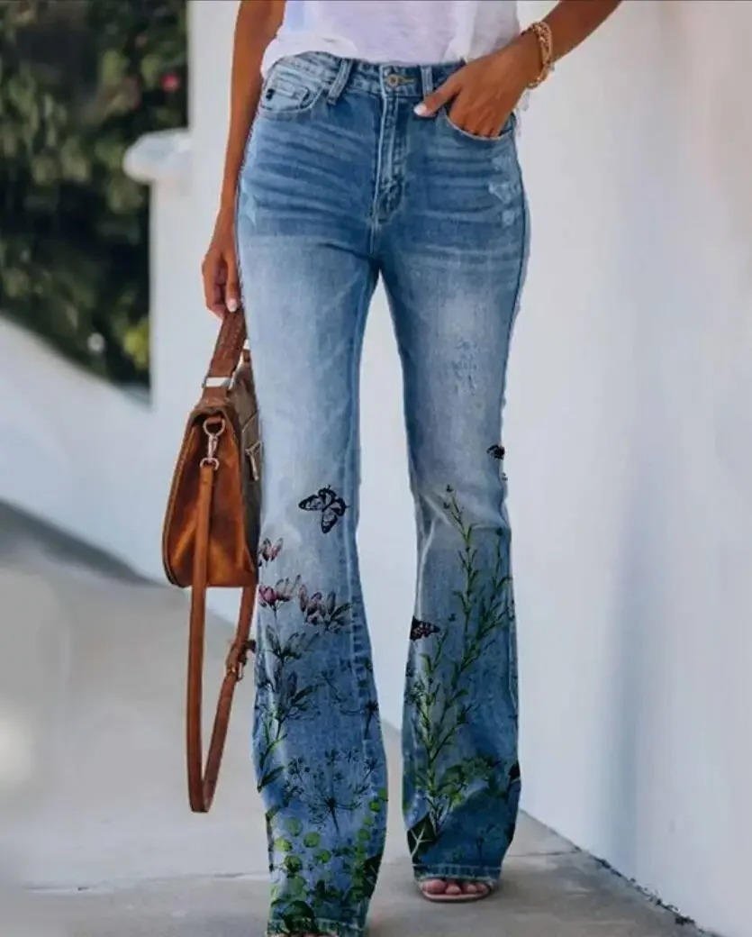 Effortless Floral Jeans for Women with High Waist Straight Leg Printed Casual Style