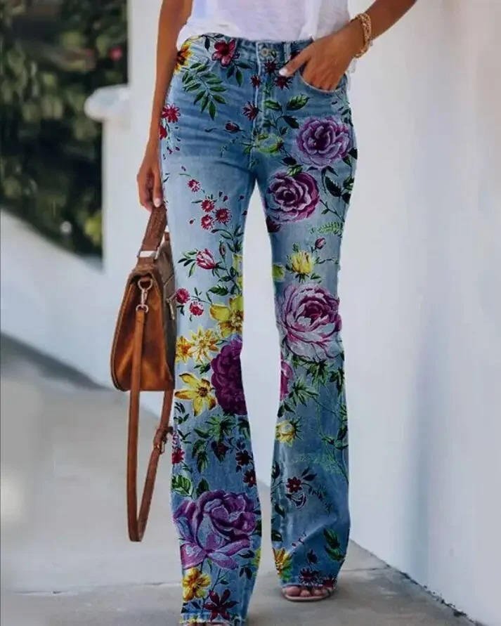 Effortless Floral Jeans for Women with High Waist Straight Leg Printed Casual Style