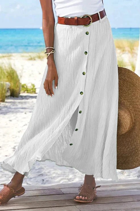 Effortless Textured Button Front Maxi Skirt for Women with High Waist Belted Side Slit Flowing Bohemian Style
