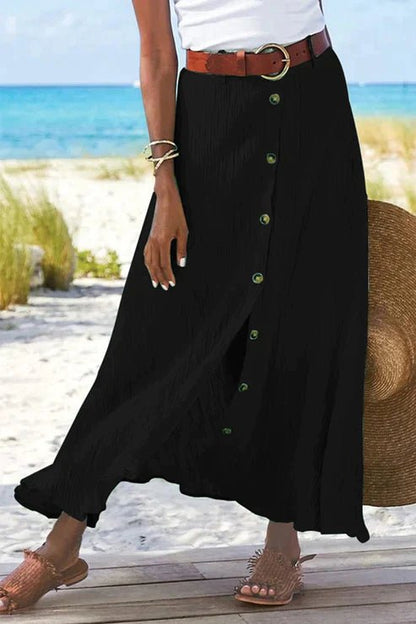 Effortless Textured Button Front Maxi Skirt for Women with High Waist Belted Side Slit Flowing Bohemian Style