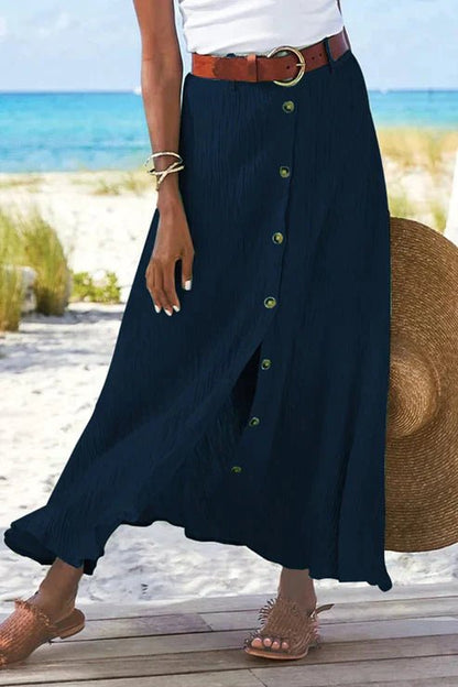 Effortless Textured Button Front Maxi Skirt for Women with High Waist Belted Side Slit Flowing Bohemian Style