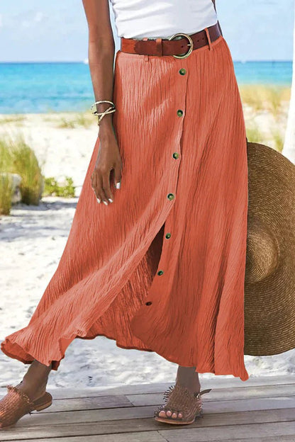 Effortless Textured Button Front Maxi Skirt for Women with High Waist Front Slit Flowing Bohemian Style