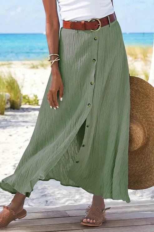 Effortless Textured Button Front Maxi Skirt for Women with High Waist Front Slit Flowing Bohemian Style