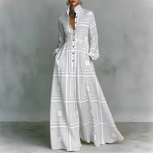 Effortless Printed Maxi Shirt Dress for Women in High Waist Long Sleeve Style