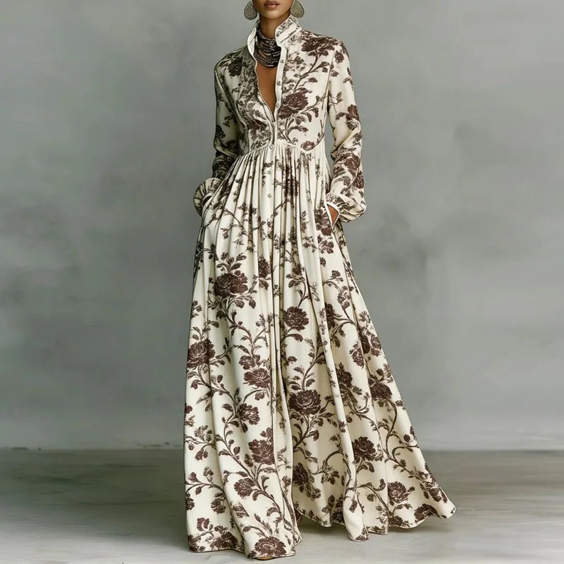 Effortless Printed Maxi Dress for Women with Stand Collar Long Sleeve – A Flair Boutique
