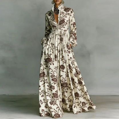 Effortless Printed Maxi Shirt Dress for Women in High Waist Long Sleeve Style