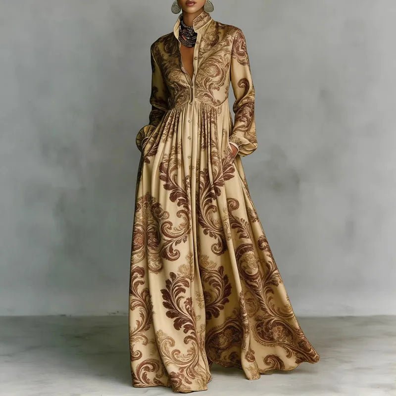 Effortless Printed Maxi Shirt Dress for Women in High Waist Long Sleeve Style