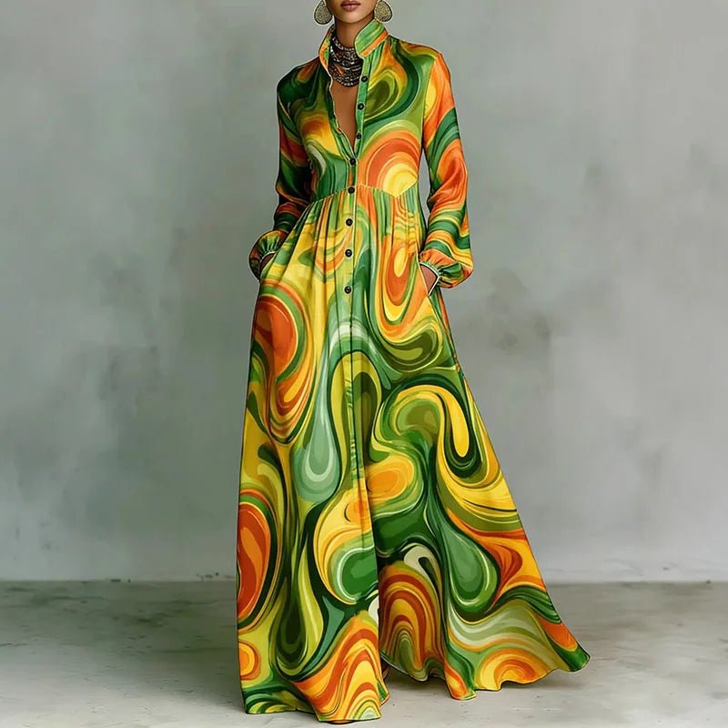 Effortless Printed Maxi Shirt Dress for Women in High Waist Long Sleeve Style