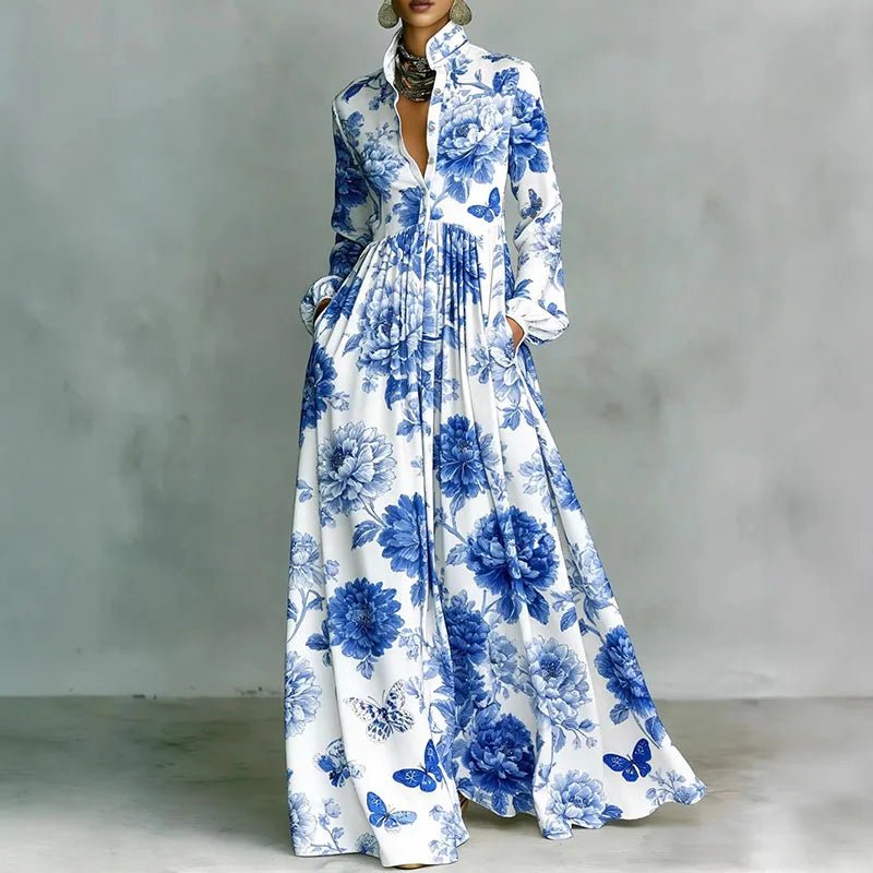 Effortless Printed Maxi Shirt Dress for Women in High Waist Long Sleeve Style