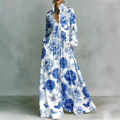 Effortless Printed Maxi Shirt Dress for Women in High Waist Long Sleeve Style