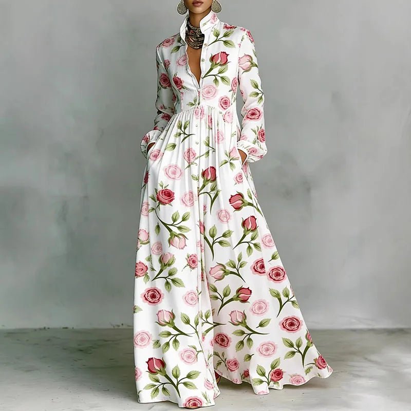 Effortless Printed Maxi Shirt Dress for Women in High Waist Long Sleeve Style