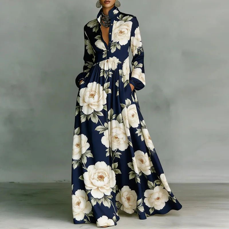 Effortless Printed Maxi Shirt Dress for Women in High Waist Long Sleeve Style