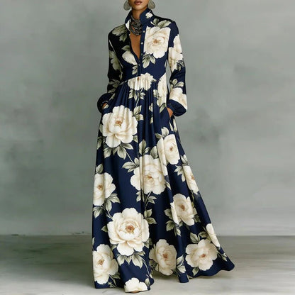 Effortless Printed Maxi Shirt Dress for Women in High Waist Long Sleeve Style