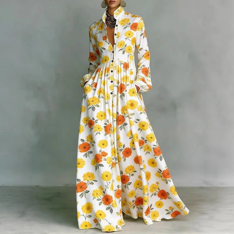 Effortless Printed Maxi Shirt Dress for Women in High Waist Long Sleeve Style