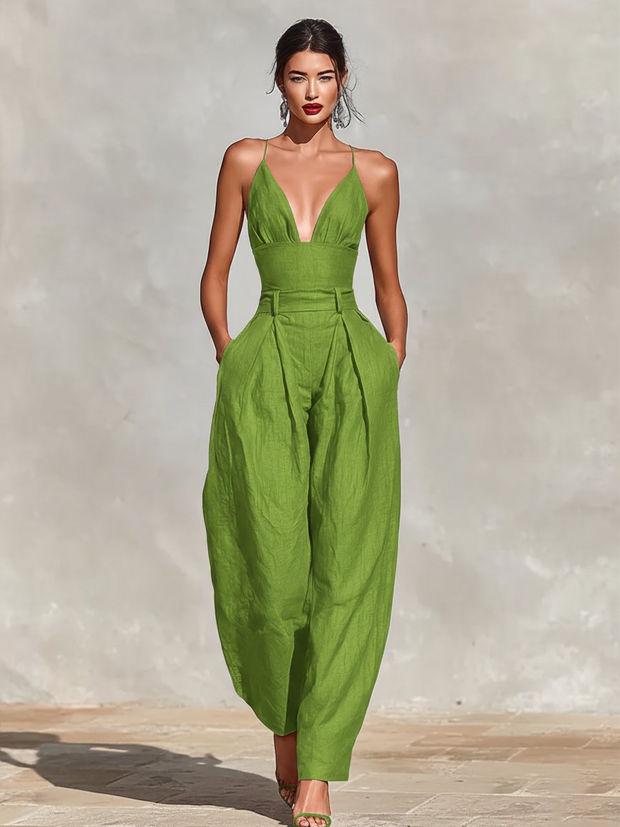 Elegant Jumpsuit for Women with Deep V Neck Sleeveless Wide Leg Relaxed Formal Style