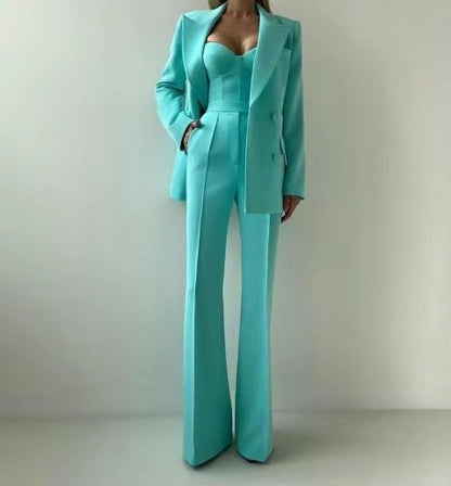 Elegant Tailored Suit for Women with Lapel Blazer Bustier Top Wide Leg Three Piece Style