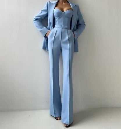 Elegant Tailored Suit for Women with Lapel Blazer Bustier Top Wide Leg Three Piece Style