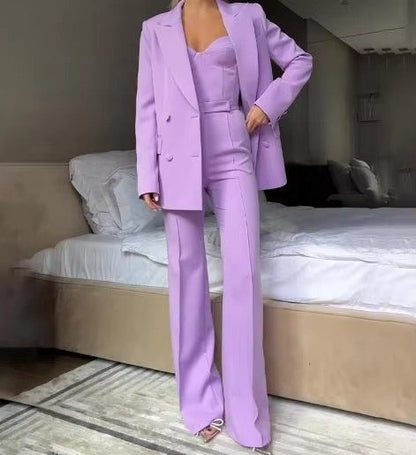 Elegant Tailored Suit for Women with Lapel Blazer Bustier Top Wide Leg Three Piece Style