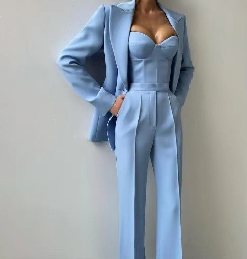 Elegant Tailored Suit for Women with Lapel Blazer Bustier Top Wide Leg Three Piece Style