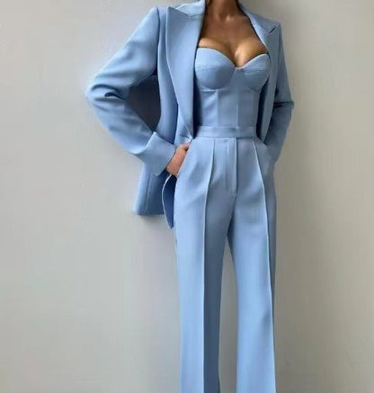 Elegant Tailored Suit for Women with Lapel Blazer Bustier Top Wide Leg Three Piece Style