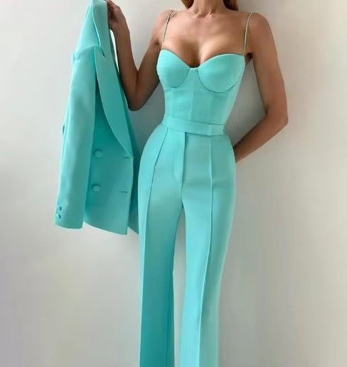 Elegant Tailored Suit for Women with Lapel Blazer Bustier Top Wide Leg Three Piece Style