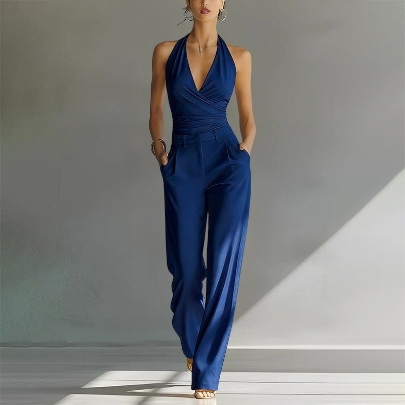 Elegant Wide Leg Jumpsuit for Women with Halter Neck Sleeveless Pleated Formal Style