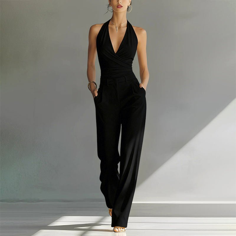 Elegant Wide Leg Jumpsuit for Women with Halter Neck Sleeveless Pleated Formal Style