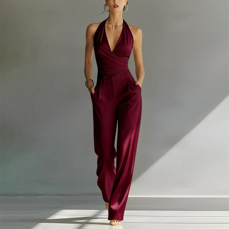 Elegant Wide Leg Jumpsuit for Women with Halter Neck Sleeveless Pleated Formal Style