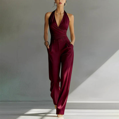 Elegant Wide Leg Jumpsuit for Women with Halter Neck Sleeveless Pleated Formal Style