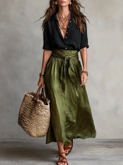 Effortless Maxi Skirt Set for Women with Button Front Shirt Tie Waist Relaxed Two Piece Style