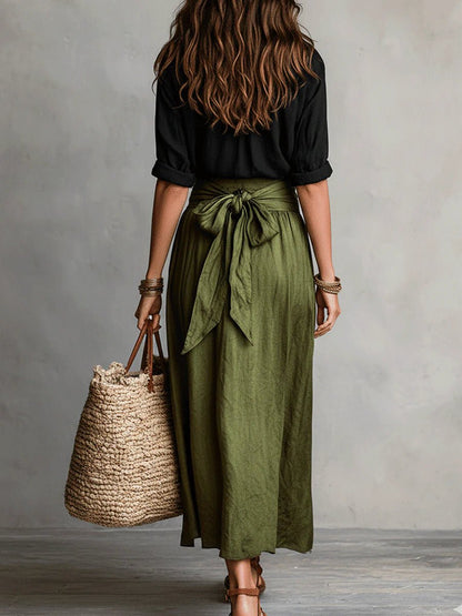 Effortless Maxi Skirt Set for Women with Button Front Shirt Tie Waist Relaxed Two Piece Style