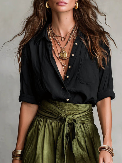 Effortless Maxi Skirt Set for Women with Button Front Shirt Tie Waist Relaxed Two Piece Style