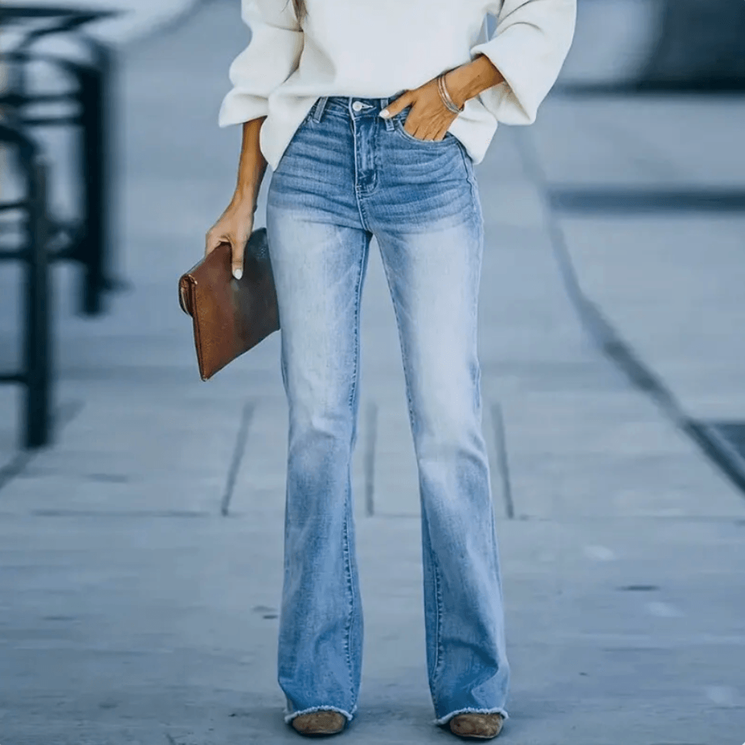 Chic Blue High Waisted Flare Jeans for Women with Slim Fit Bootcut Denim Retro Style
