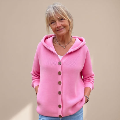 Cozy Pink Chunky Knit Cardigan for Women with Hooded Collar Button Front Long Sleeve Oversized Style