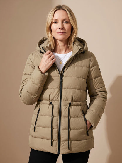 Cozy Quilted Puffer Jacket for Women with Hooded Collar Long Sleeve Drawstring Zip Winter Style